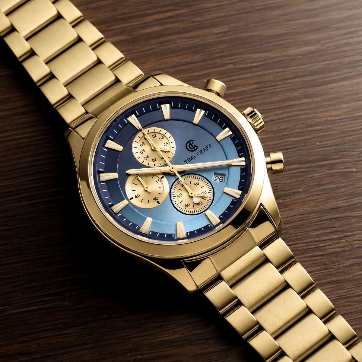 Time Craft TC-1613GBB Chronograph Blue Dial Gold Chain Watch