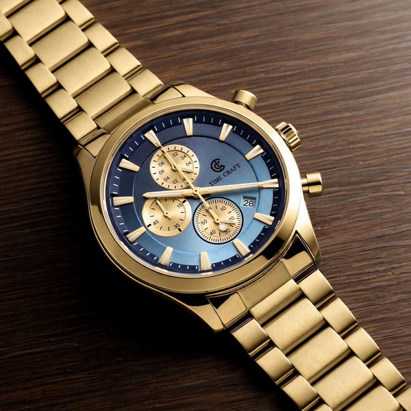 Time Craft TC-1613GBB Chronograph Blue Dial Gold Chain Watch