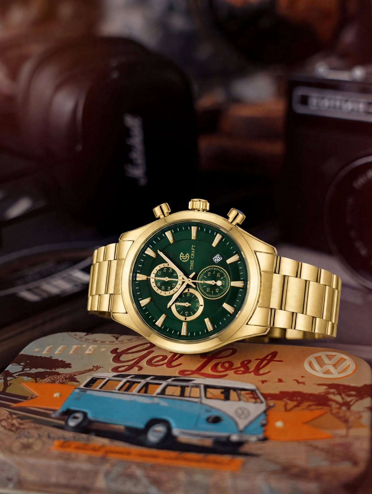 Time Craft TC-1613GG Chronograph green Dial Gold Chain Watch