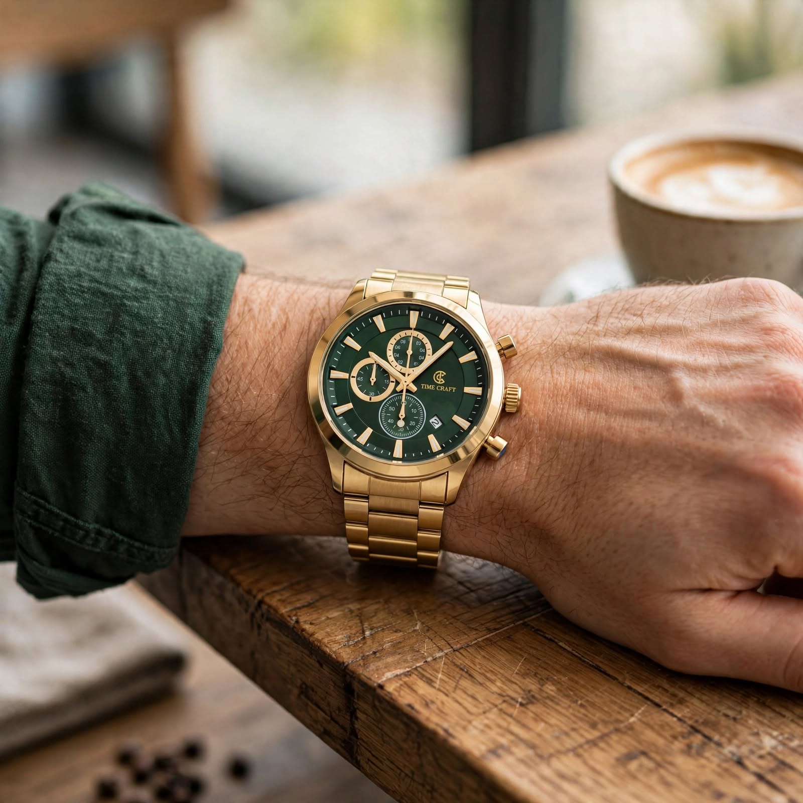 Time Craft TC-1613GG Chronograph green Dial Gold Chain Watch Secondary image