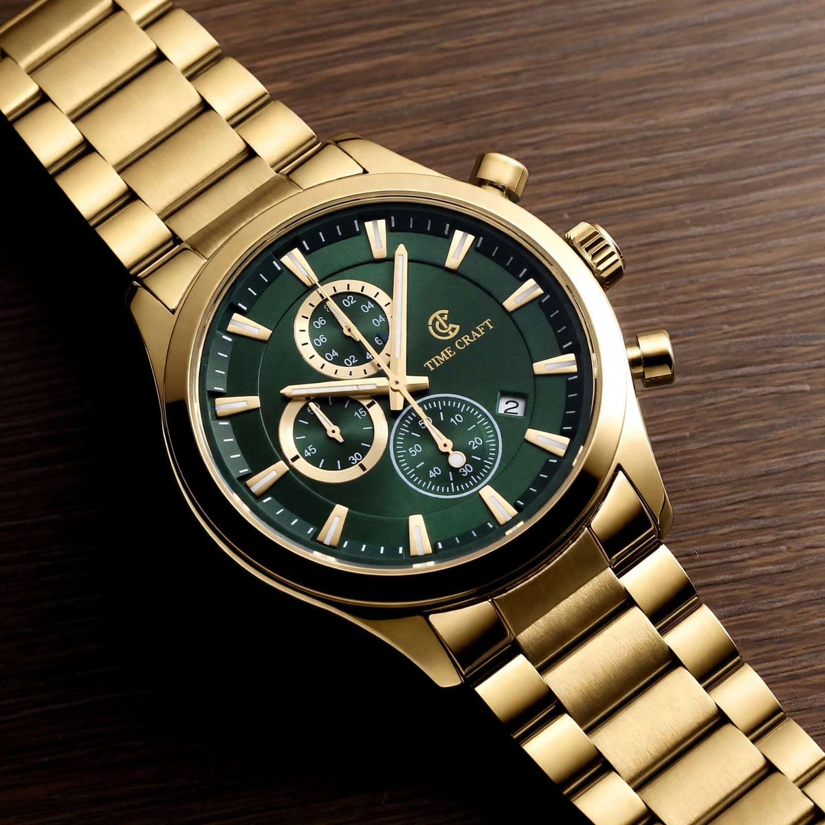 Time Craft TC-1613GG Chronograph green Dial Gold Chain Watch