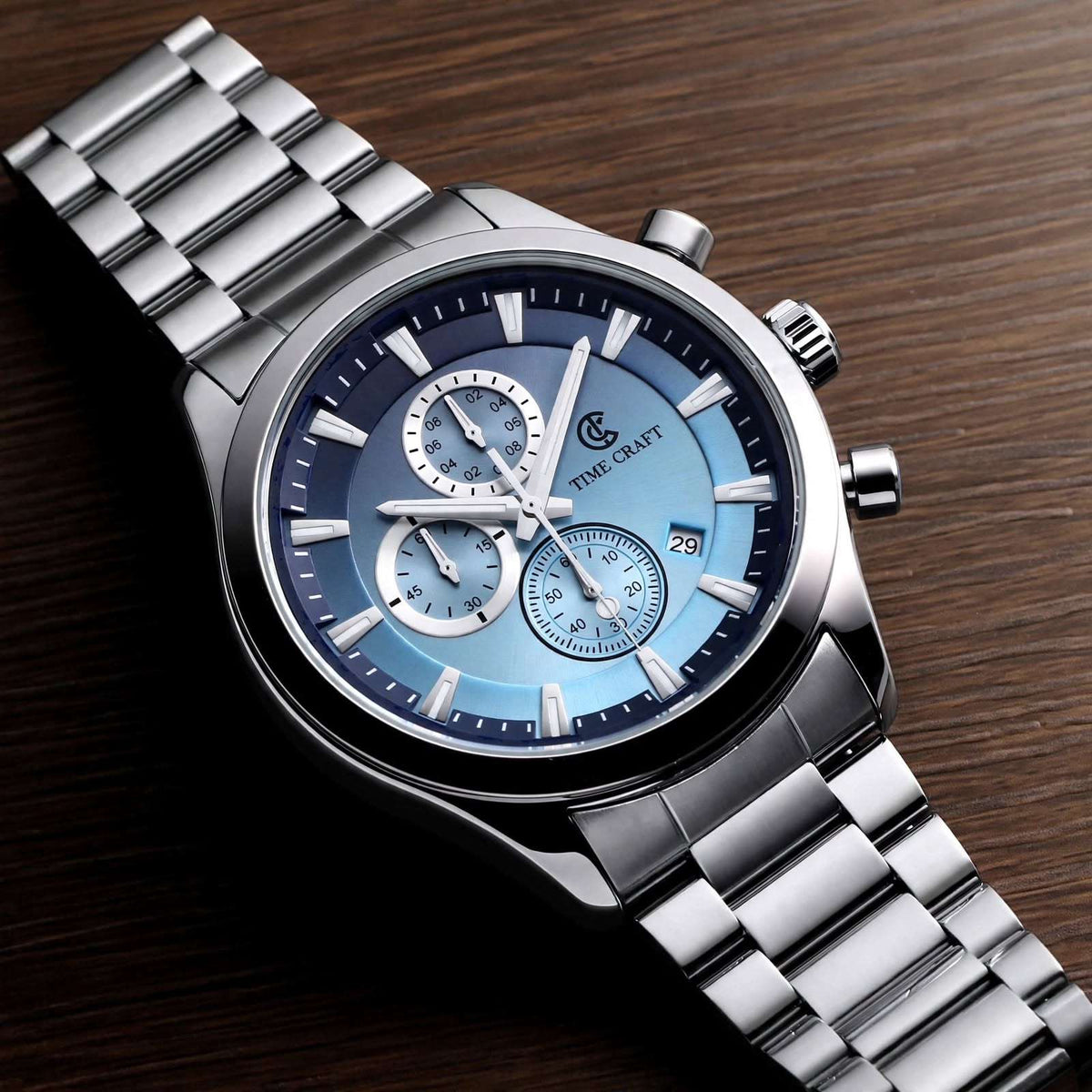 Time Craft TC-1613SB Chronograph sky-blue Dial Silver Chain Watch