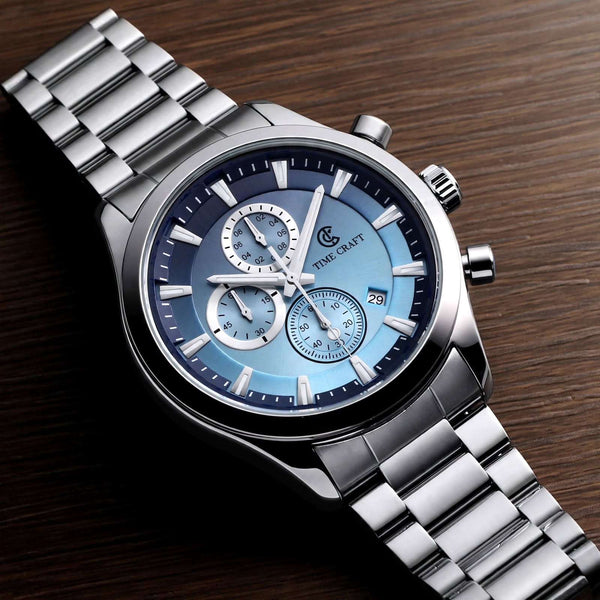 Time Craft TC-1613SB Chronograph sky-blue Dial Silver Chain Watch