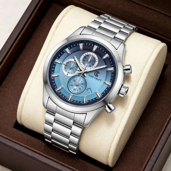 Time Craft TC-1613SB Chronograph sky-blue Dial Silver Chain Watch