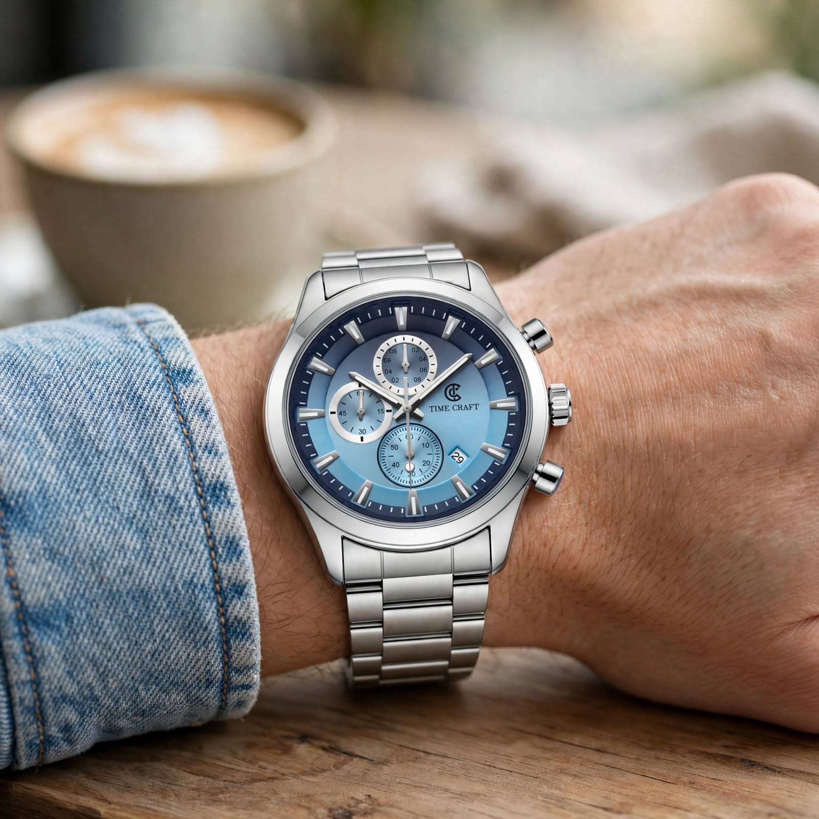 Time Craft TC-1613SB Chronograph sky-blue Dial Silver Chain Watch Secondary image