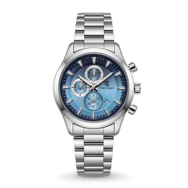 Time Craft TC-1613SB Chronograph sky-blue Dial Silver Chain Watch