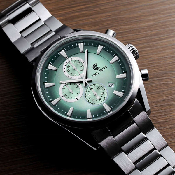 Time Craft TC-1613SG-black Chronograph green Dial Silver Chain Watch