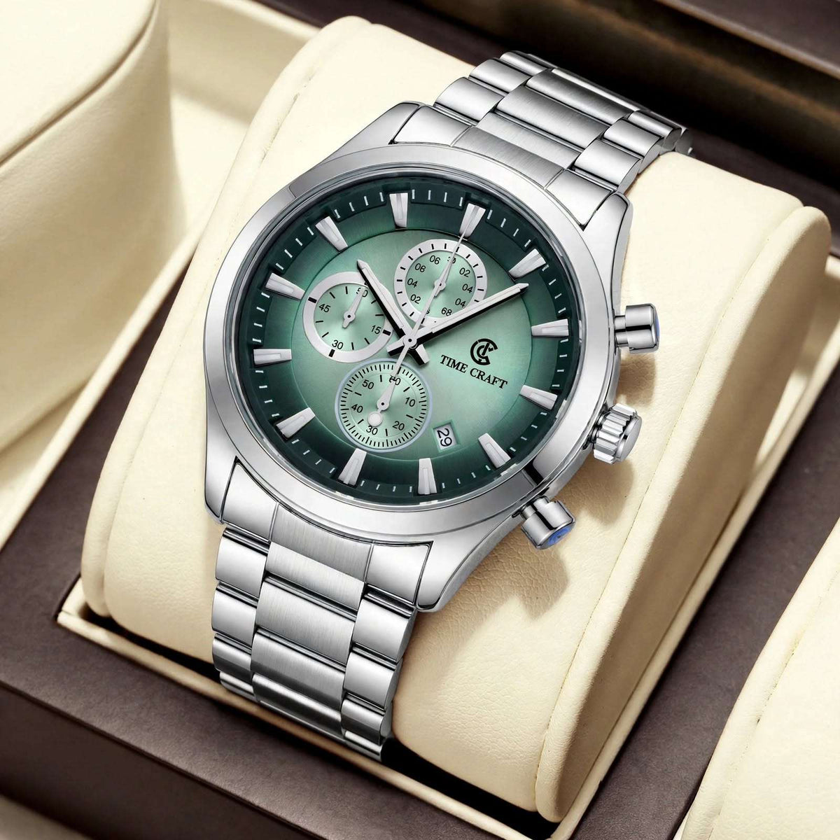 Time Craft TC-1613SG-black Chronograph green Dial Silver Chain Watch Main image