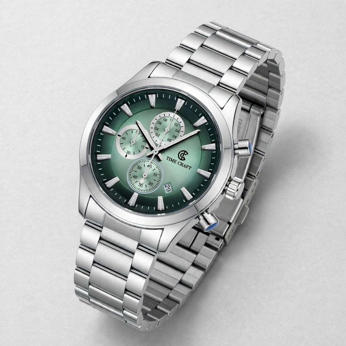 Time Craft TC-1613SG-black Chronograph green Dial Silver Chain Watch