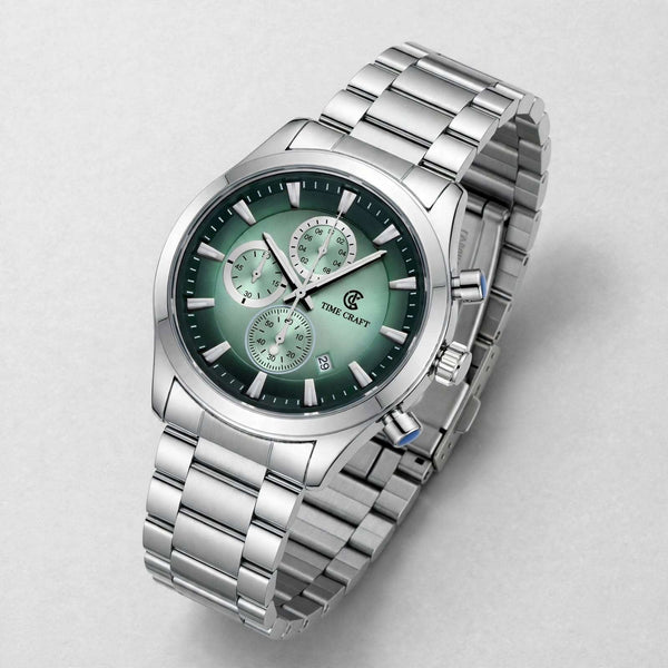 Time Craft TC-1613SG-black Chronograph green Dial Silver Chain Watch