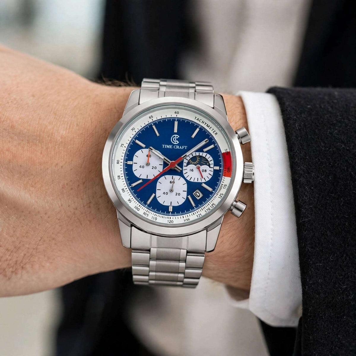 Time Craft TC-1615-BB Chronograph blue Dial silver Chain Watch