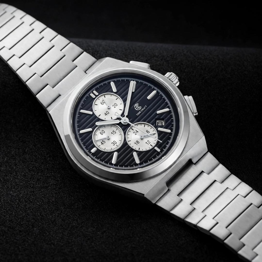 Time Craft PRX TC-1635SBW Chronograph Black Dial silver Chain Watch