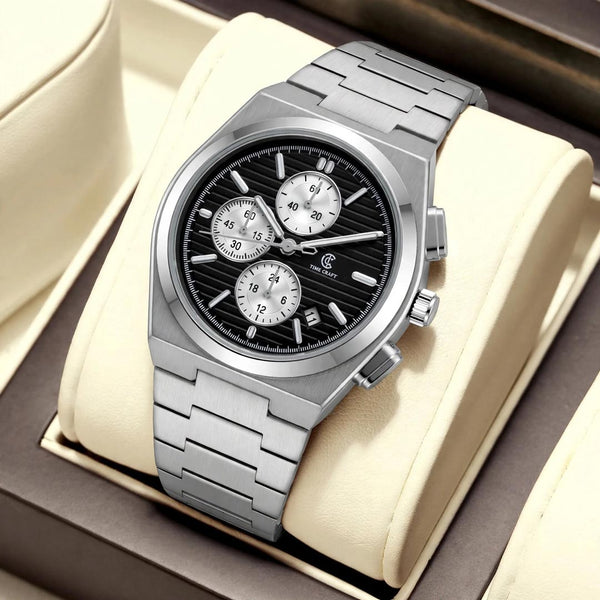 Time Craft PRX TC-1635SBW Chronograph Black Dial silver Chain Watch