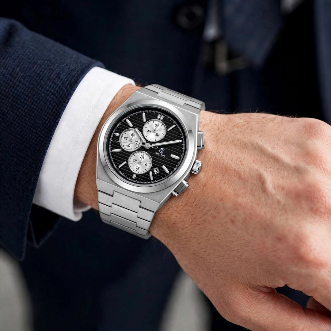 Time Craft PRX TC-1635SBW Chronograph Black Dial silver Chain Watch