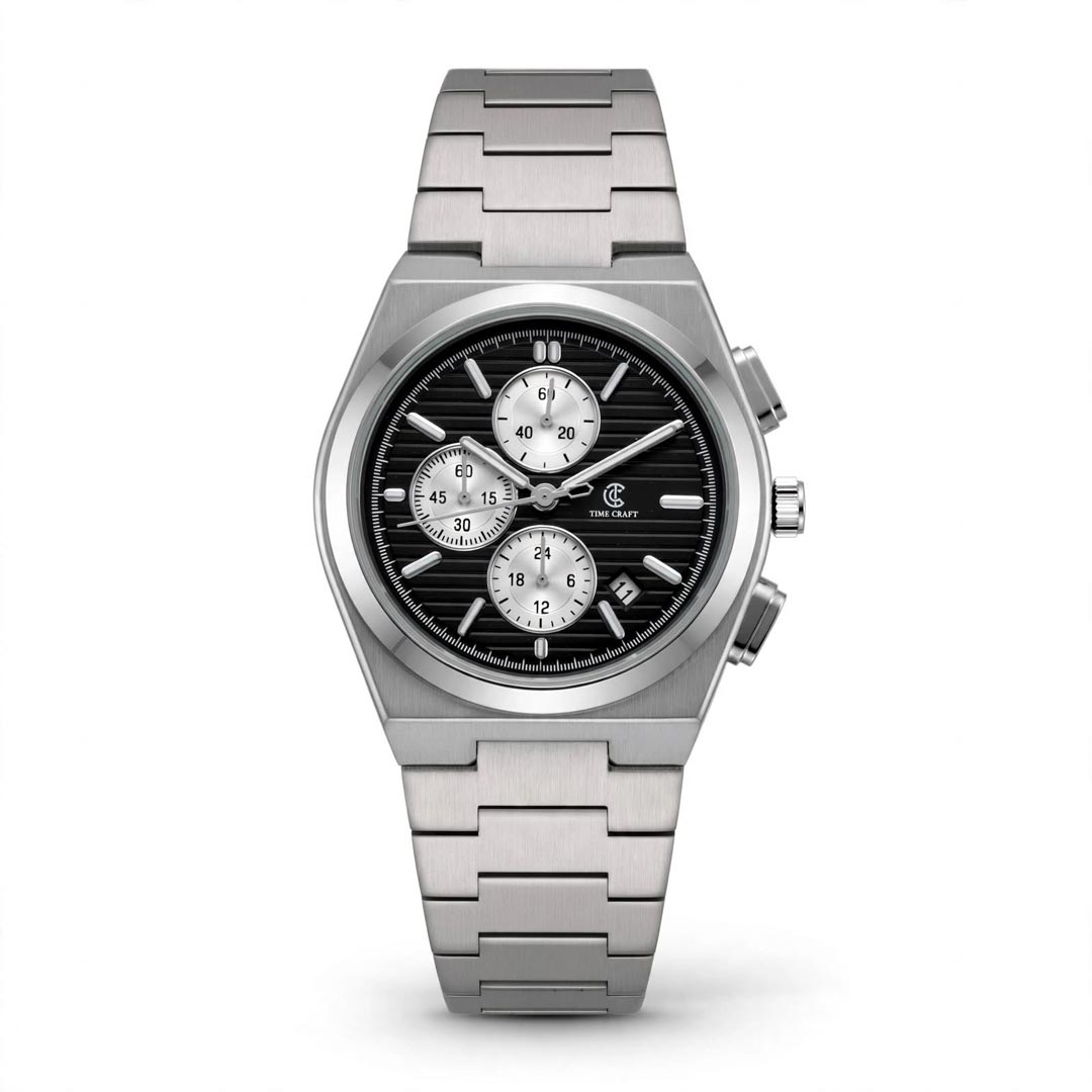 Time Craft PRX TC-1635SBW Chronograph Black Dial silver Chain Watch