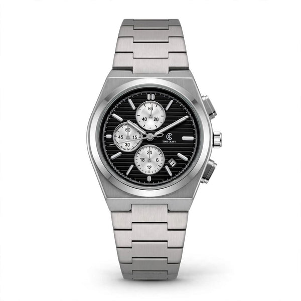 Time Craft PRX TC-1635SBW Chronograph Black Dial silver Chain Watch