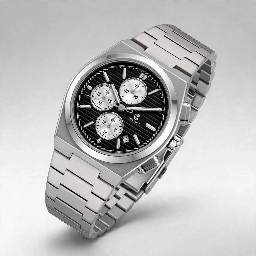 Time Craft PRX TC-1635SBW Chronograph Black Dial silver Chain Watch