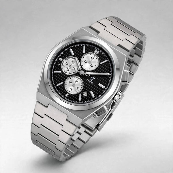Time Craft PRX TC-1635SBW Chronograph Black Dial silver Chain Watch