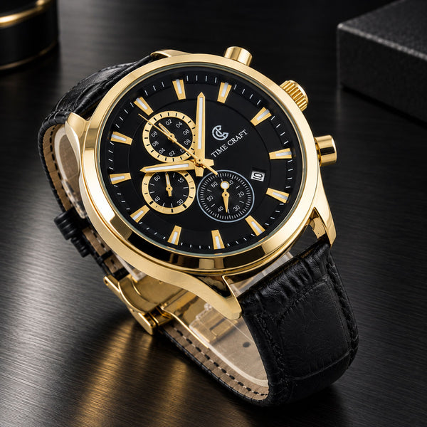 Time Craft TC-1613 Chronograph Black Dial Gold Tone Watch