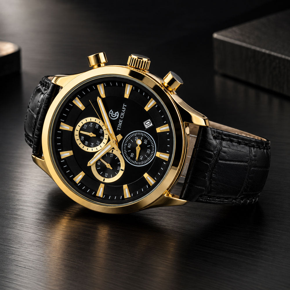 Time Craft TC-1613 Chronograph Black Dial Gold Tone Watch