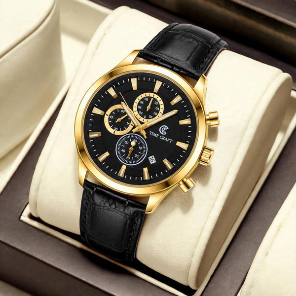 Time Craft TC-1613 Chronograph Black Dial Gold Tone Watch