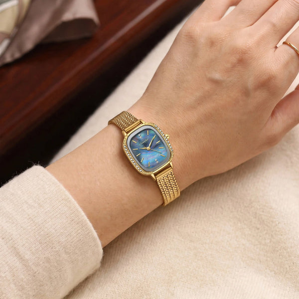 Sunlifex Women's Vintage Square Watch – blue mother-of-pearl dial Gold Mesh Strap