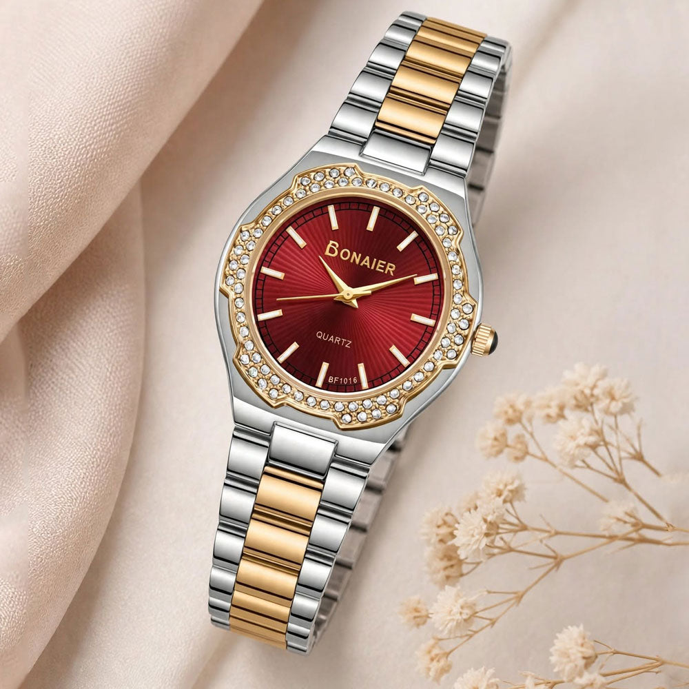 Bonaier Diamond Watch for Women – Red Dial – Two Tone