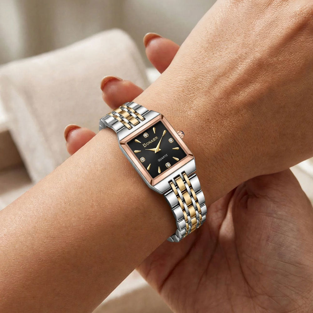 Bonaier Square Diamond Watch for Women – Black Dial – Two Tone