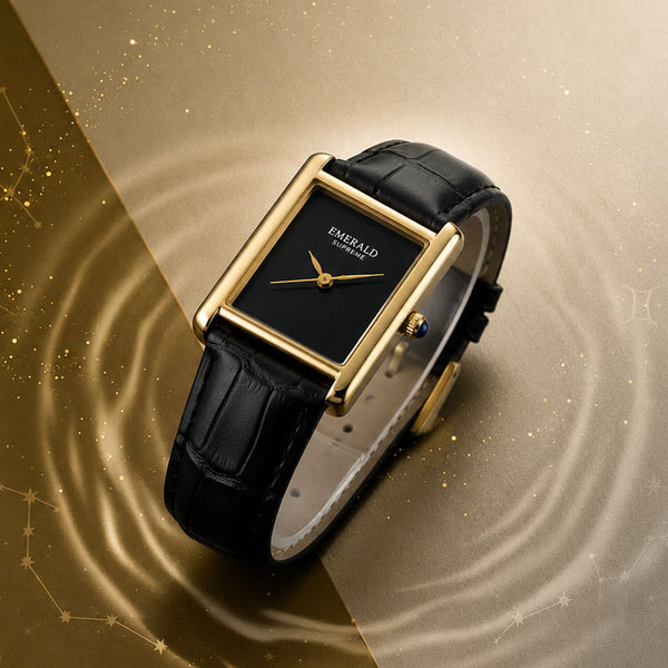 Men's rectangular gold watch with black leather strap and elegant design