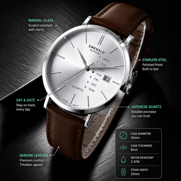 Emerald Heritage Edition ES-9113 White Dial Brown Leather Men's Watch