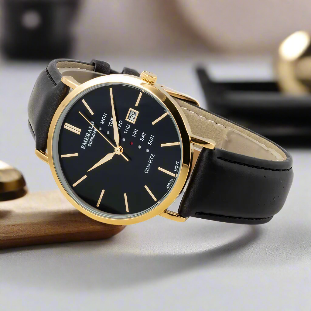 Emerald Heritage Edition  ES-9111 Black Dial Gold tone Black Leather Men's Watch