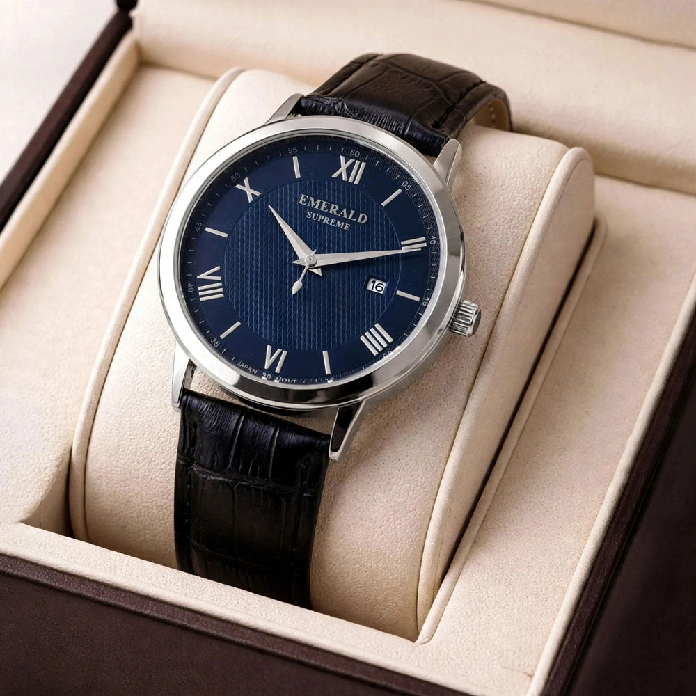 Emerald Classic Navy ES-9002-Blue-Dial Black Leather Men's Watch Secondary image