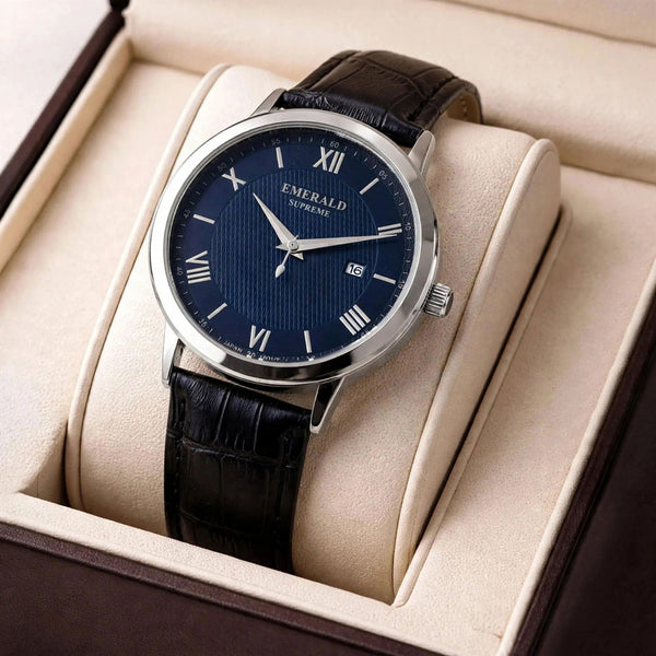 Emerald Classic Navy ES-9002-Blue-Dial Black Leather Men's Watch