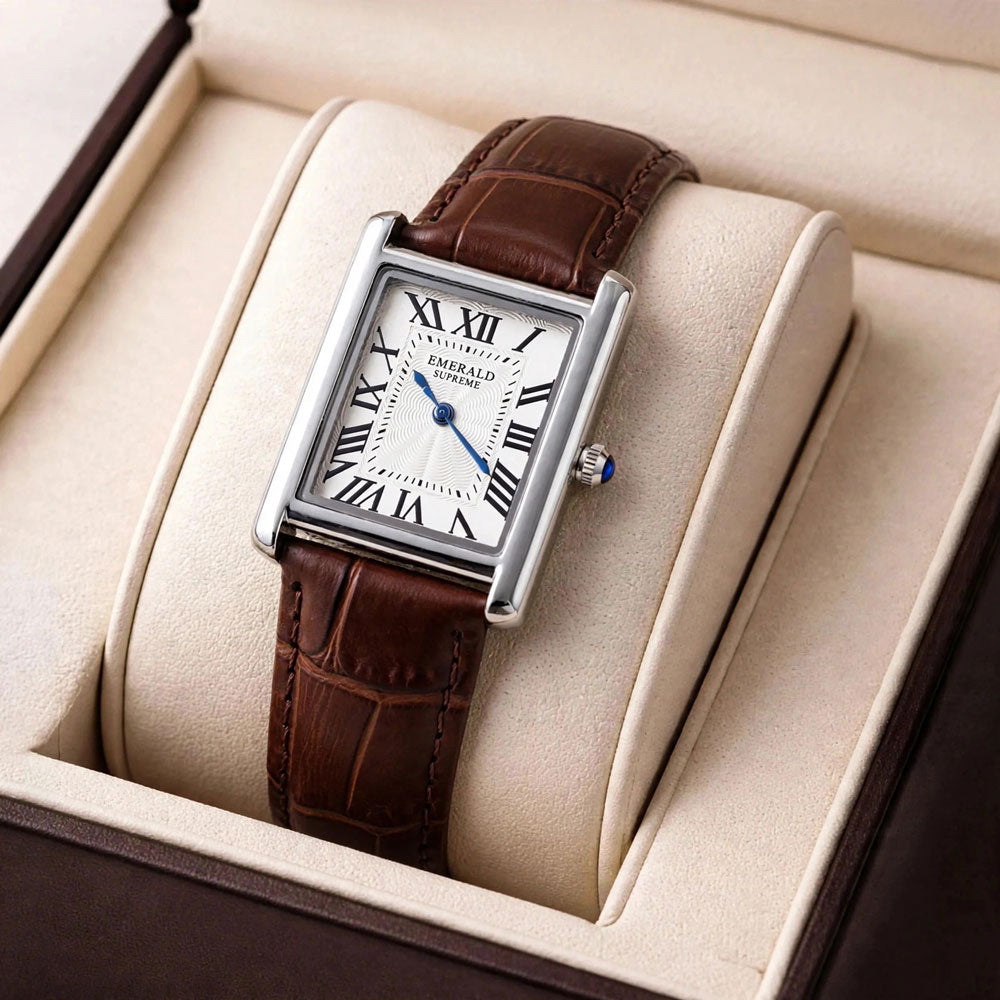 Emerald Tank Solo ES-2028 White dial Brown Leather Men's' Watch