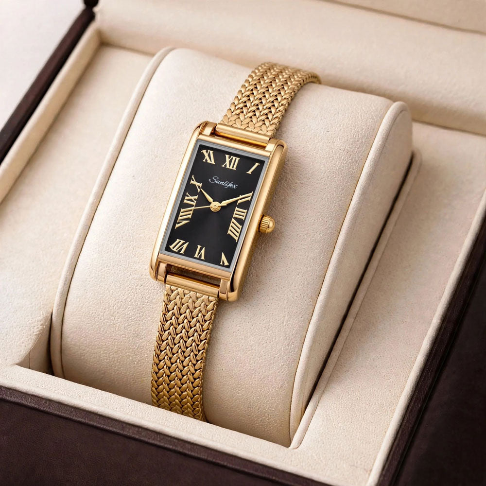 Sunlifex Women's Vintage Square Watch – Gold Mesh Strap