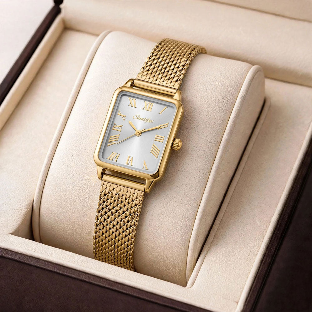 Sunlifex Women's Vintage Square Watch – Gold Mesh Strap