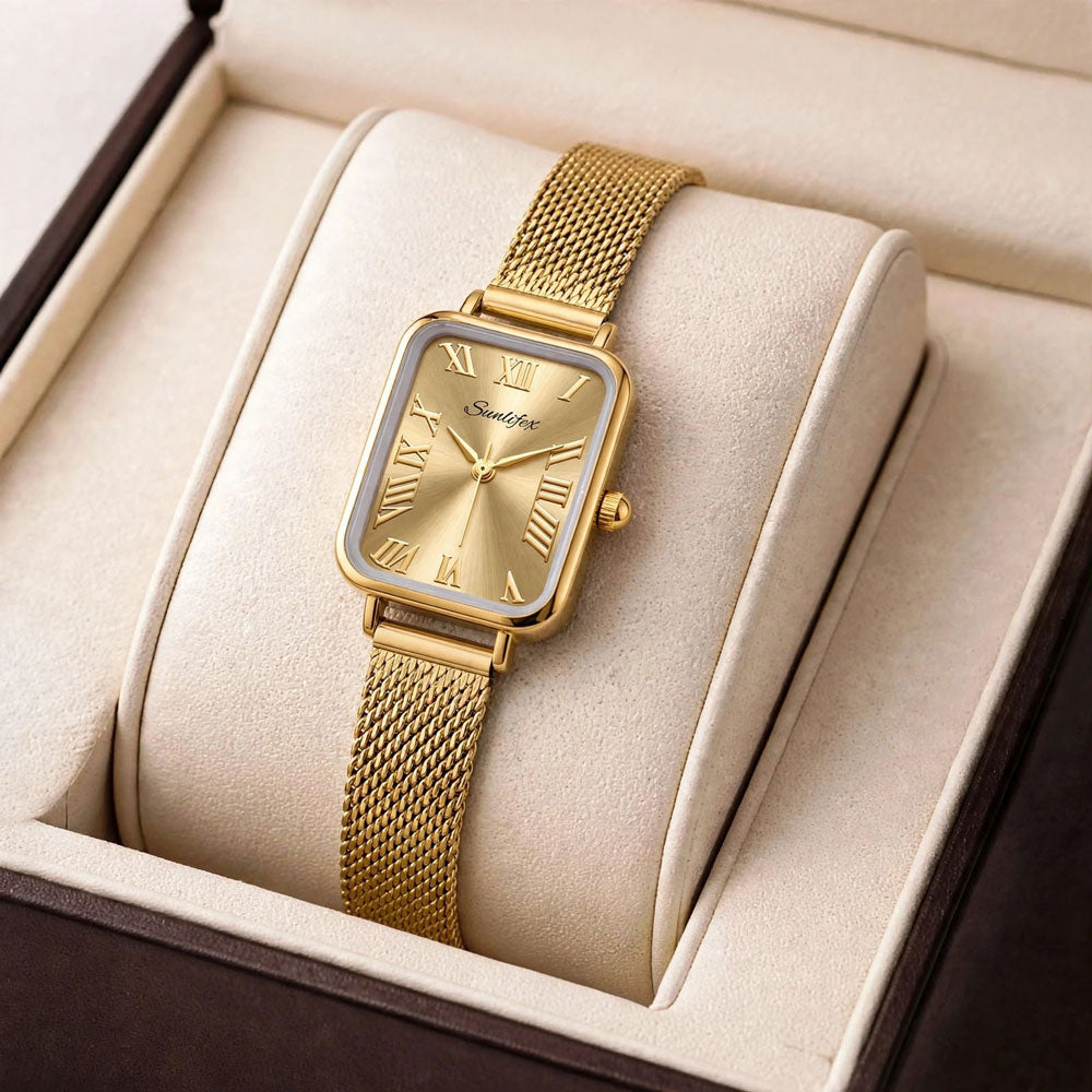 Sunlifex Women's Vintage Square Watch – Gold Mesh Strap