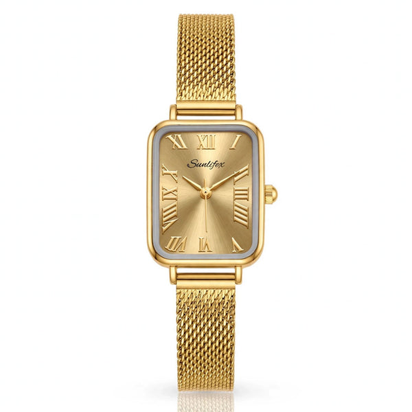 Sunlifex Women's Vintage Square Watch – Gold Mesh Strap