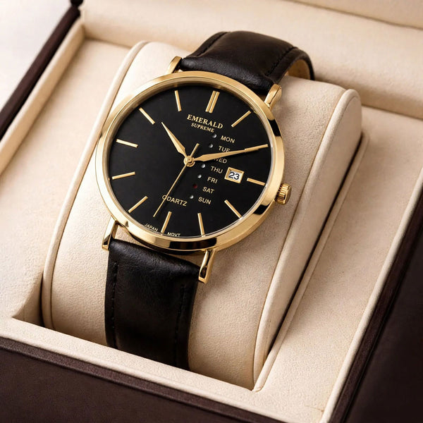 Emerald Heritage Edition  ES-9111 Black Dial Gold tone Black Leather Men's Watch