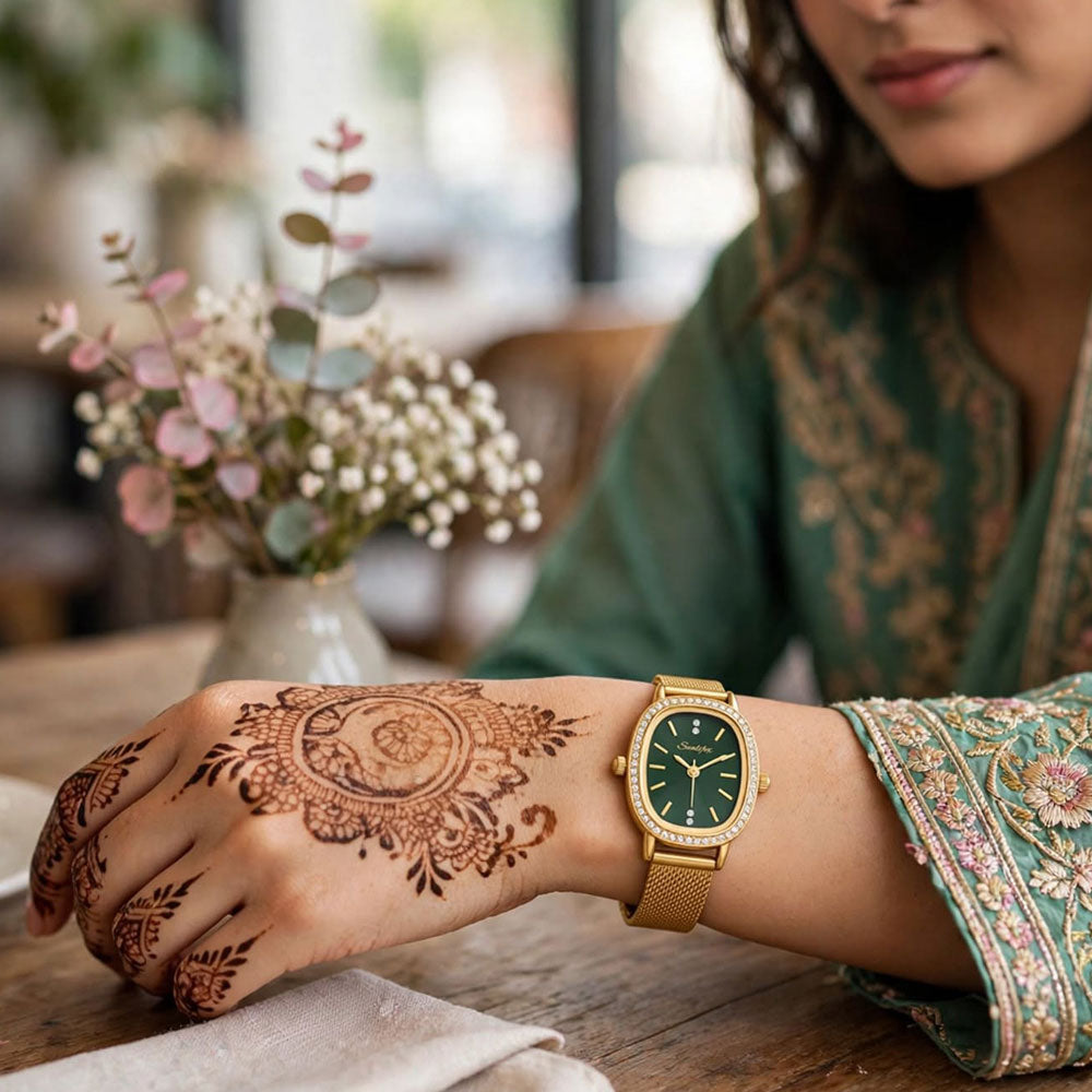 Sunlifex Women's Vintage Square Watch – Green dial Gold Mesh Strap
