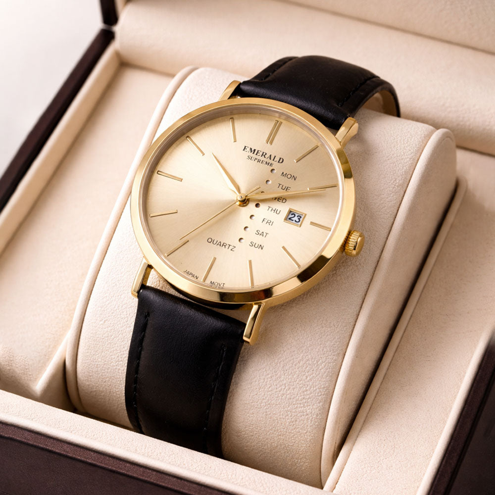 Emerald Heritage Edition ES-540 Golden Dial Gold tone Leather Men's Watch Secondary image