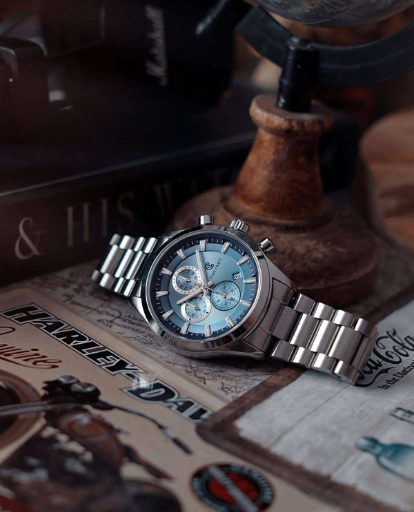 Time Craft TC-1613SB Chronograph sky-blue Dial Silver Chain Watch