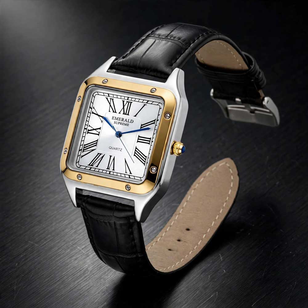 Emerald Santos ES-2031 two-tone men's watch side view with black leather strap