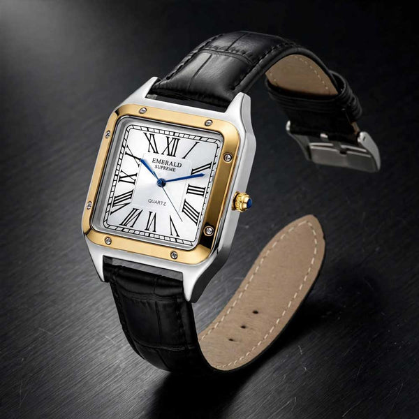 Emerald Santos ES-2031 two-tone men's watch side view with black leather strap