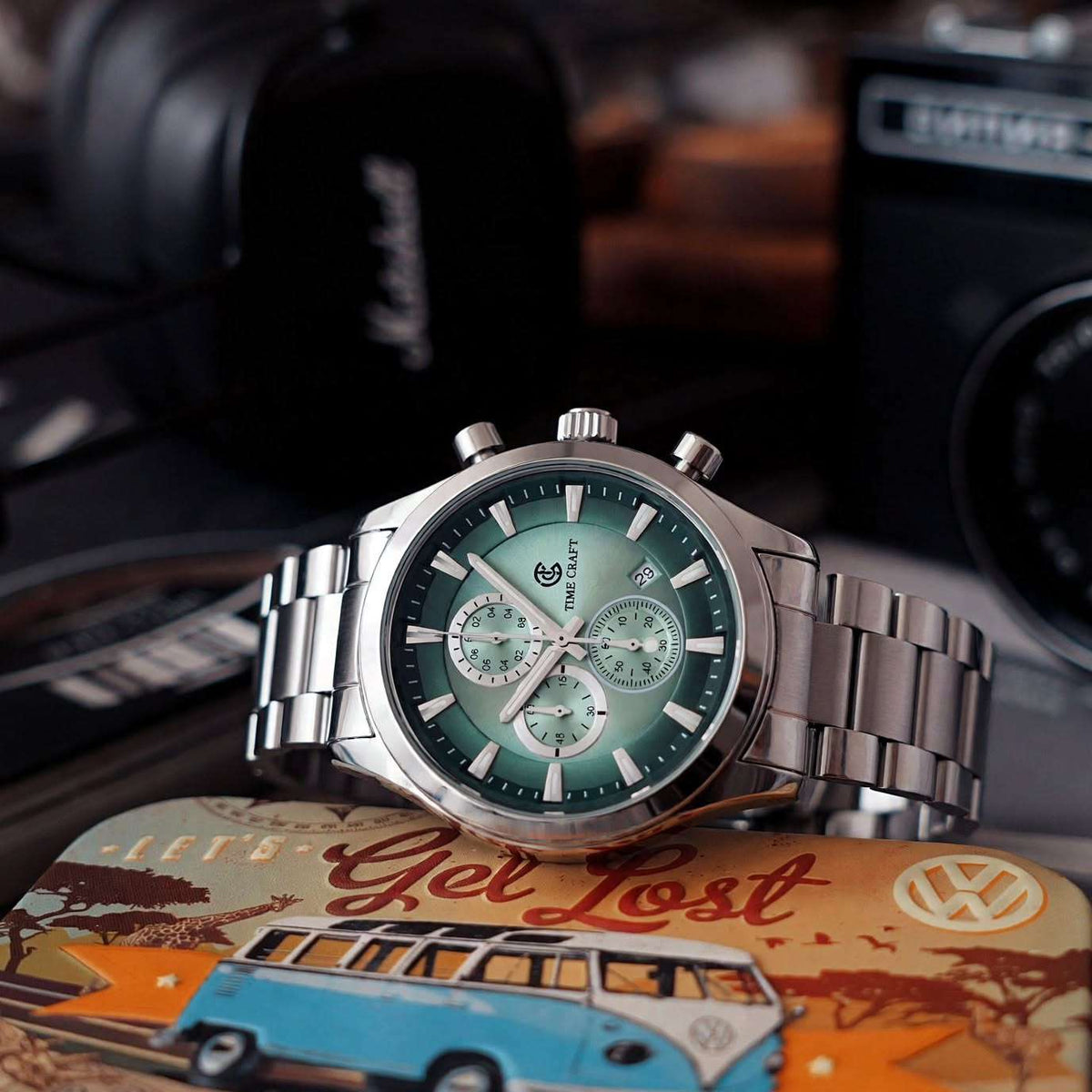 Time Craft TC-1613SG-black Chronograph green Dial Silver Chain Watch