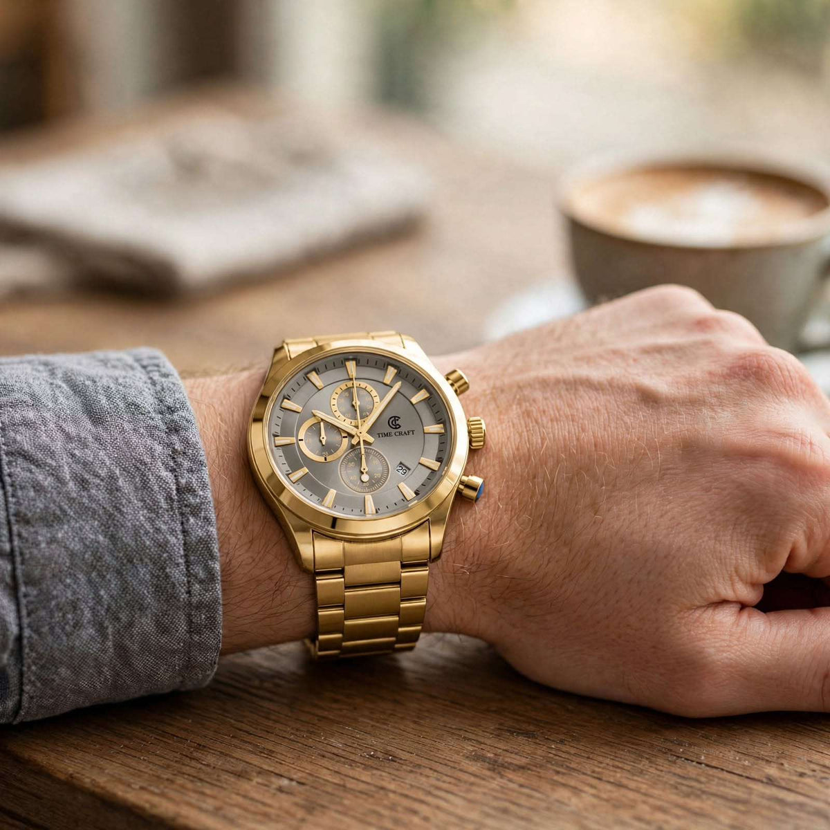 Time Craft TC-1613GGR Chronograph Gray Dial Gold Chain Watch