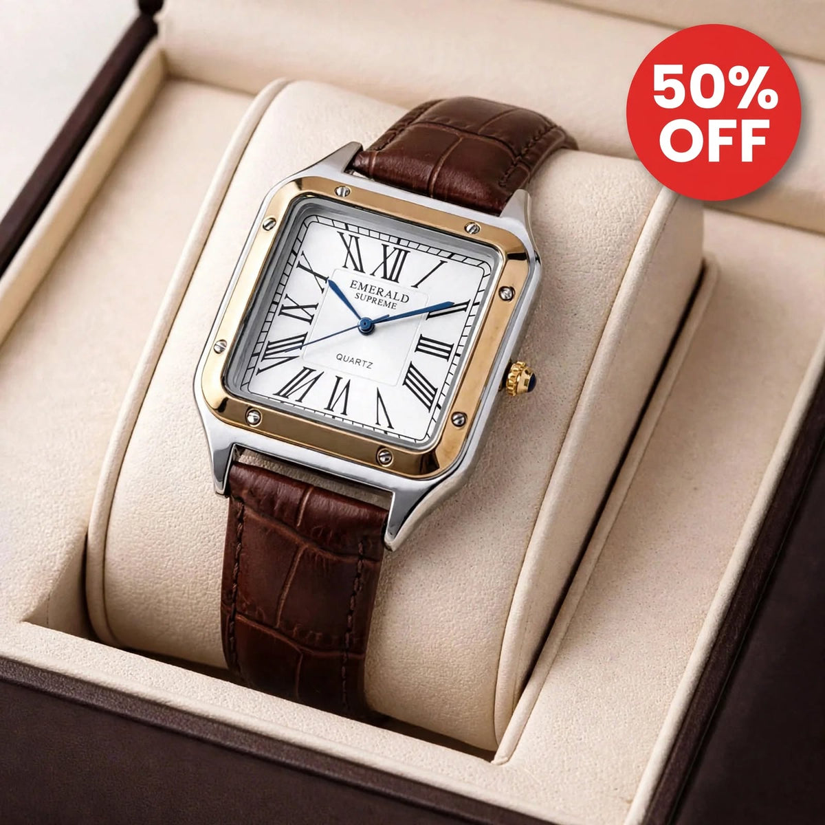 Emerald Santos ES-2033 White dial Two Tone Brown Leather Men's Watch - Emerald Watches