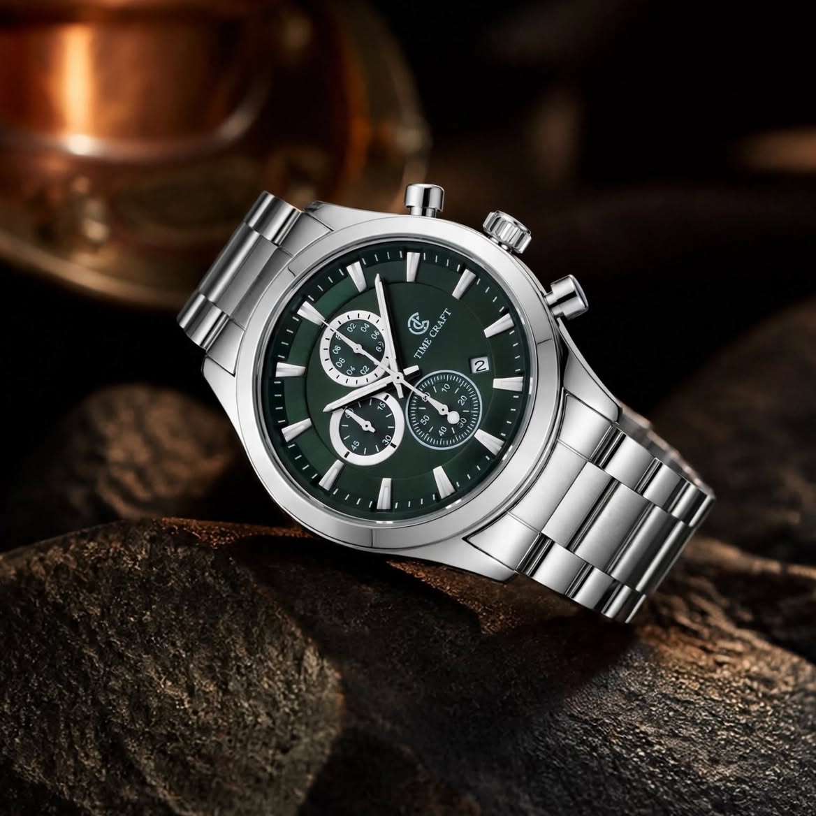 Time Craft TC-1613-SGG Chronograph green Dial Silver Chain Watch