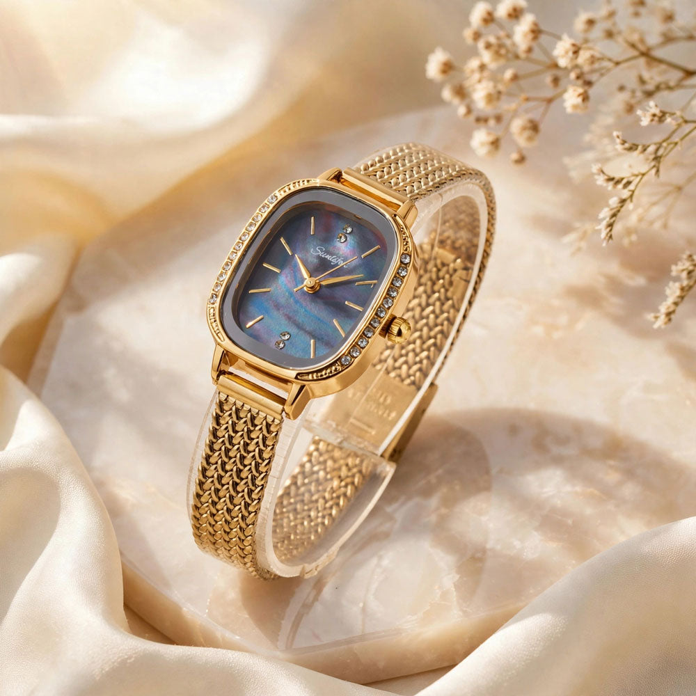 Sunlifex Women's Vintage Square Watch – blue mother-of-pearl dial Gold Mesh Strap