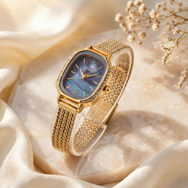 Sunlifex Women's Vintage Square Watch – blue mother-of-pearl dial Gold Mesh Strap